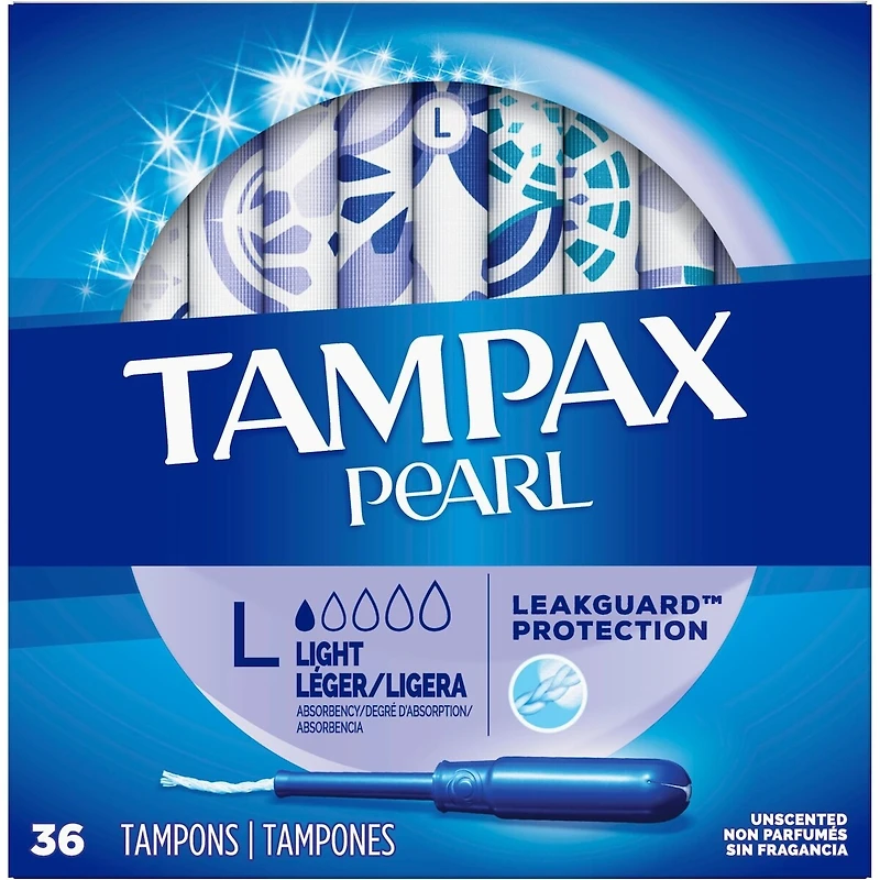 Tampons Tampax Pearl avec tresse anti-fuites LeakGuard et applicateur en plastique sans BPA, degré d’absorption léger, non parfumés, 36 tampons