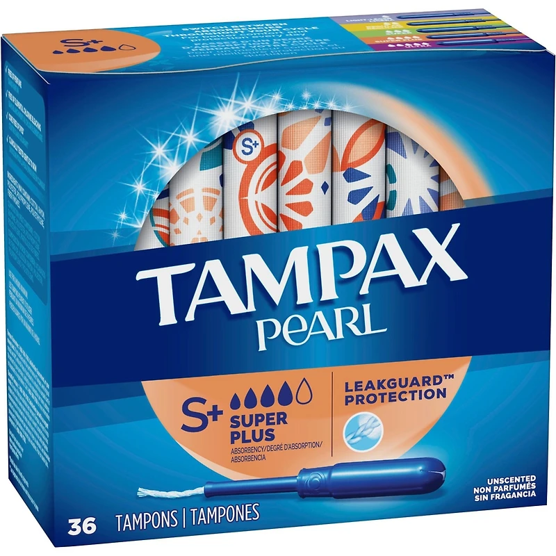 Tampons Tampax Pearl avec tresse anti-fuites LeakGuard et applicateur en plastique sans BPA, degré d’absorption super plus, non parfumés, xx tampons