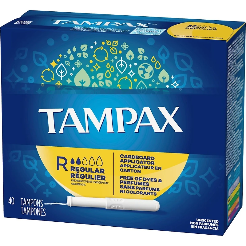 Tampons Tampax avec applicateur en carton, degré d’absorption régulier, embout facile à saisir, jupette anti-fuites LeakGuard, non parfumés, 40 u