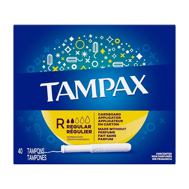 Tampons Tampax avec applicateur en carton, degré d’absorption régulier, embout facile à saisir, jupette anti-fuites LeakGuard, non parfumés, 40 u