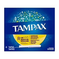 Tampons Tampax avec applicateur en carton, degré d’absorption régulier, embout facile à saisir, jupette anti-fuites LeakGuard, non parfumés, 40 u
