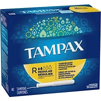 Tampons Tampax avec applicateur en carton, degré d’absorption régulier, embout facile à saisir, jupette anti-fuites LeakGuard, non parfumés, 40 u