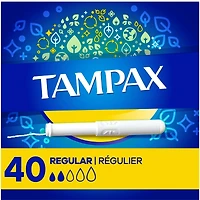 Tampons Tampax avec applicateur en carton, degré d’absorption régulier, embout facile à saisir, jupette anti-fuites LeakGuard, non parfumés, 40 u
