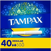 Tampons Tampax avec applicateur en carton, degré d’absorption régulier, embout facile à saisir, jupette anti-fuites LeakGuard, non parfumés, 40 u