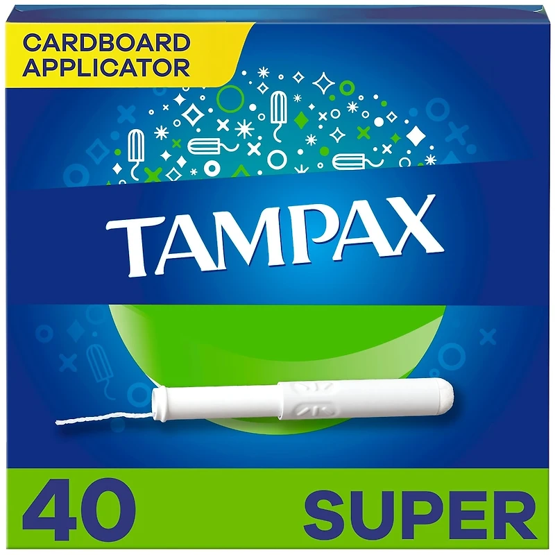 Tampax Cardboard Tampons Super Absorbency, Anti-Slip Grip, LeakGuard Skirt, Unscented, 40 Count