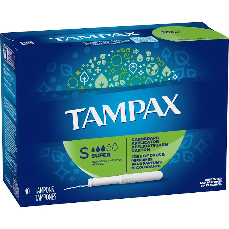 Tampons Tampax avec applicateur en carton, degré d’absorption super, embout facile à saisir, jupette anti-fuites LeakGuard, non parfumés, 40 tampons