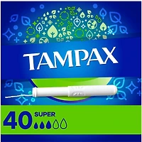 Tampons Tampax avec applicateur en carton, degré d’absorption super, embout facile à saisir, jupette anti-fuites LeakGuard, non parfumés, 40 tampons