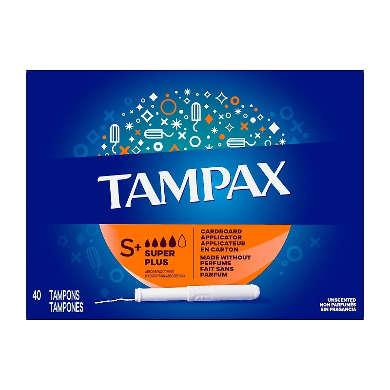 Tampax Cardboard Tampons Super Plus Absorbency, Anti-Slip Grip, LeakGuard Skirt, Unscented, 40 Count