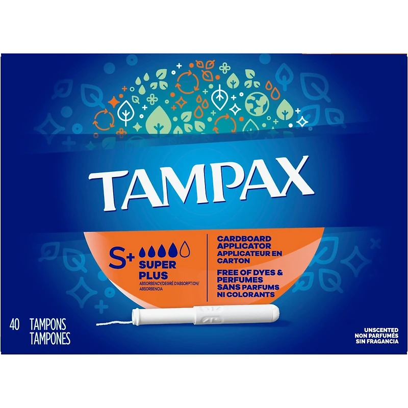 Tampons Tampax applicateur en carton, super plus, embout facile à saisir, jupette anti-fuites LeakGuard, non parfumés, 40 u