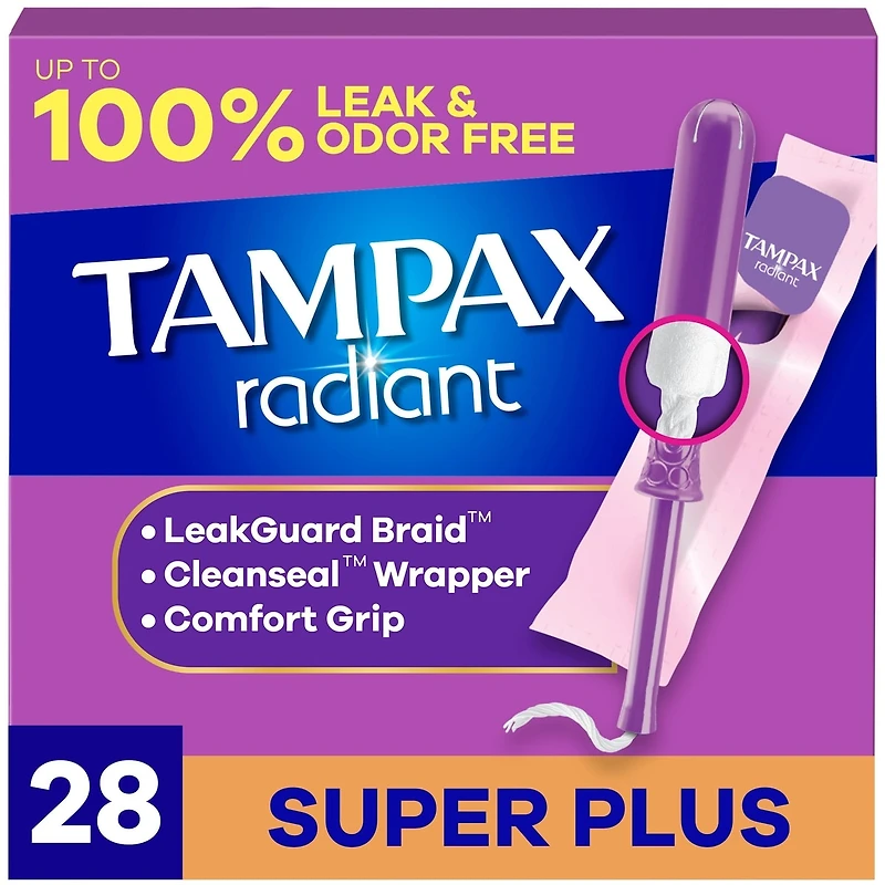 Tampons Tampax Radiant avec tresse anti-fuites LeakGuard, degré d’absorption super plus