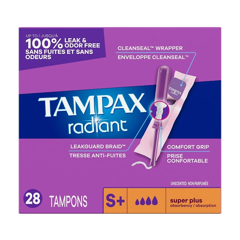 Tampons Tampax Radiant avec tresse anti-fuites LeakGuard, degré d’absorption super plus