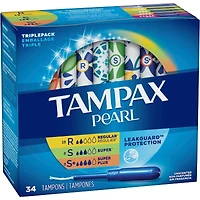 Tampons Tampax Pearl avec tresse anti-fuites LeakGuard, emballage triple, degré d’absorption régulier/super/super plus, non parfumés, 34 tampons