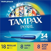 Tampons Tampax Pearl avec tresse anti-fuites LeakGuard, emballage triple, degré d’absorption régulier/super/super plus, non parfumés, 34 tampons