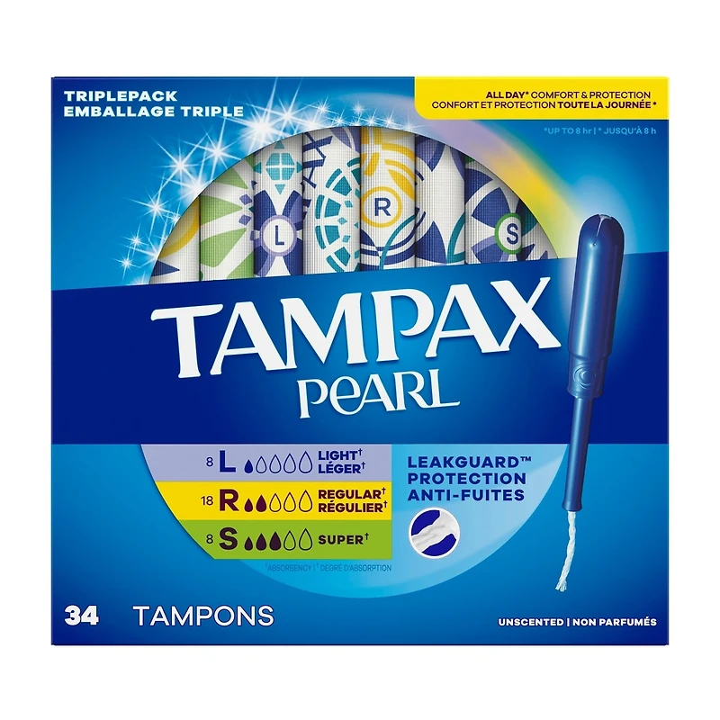 Pearl Tampons, Light/Regular/Super Absorbency with LeakGuard Braid, Triple Pack, Unscented, 34 Count