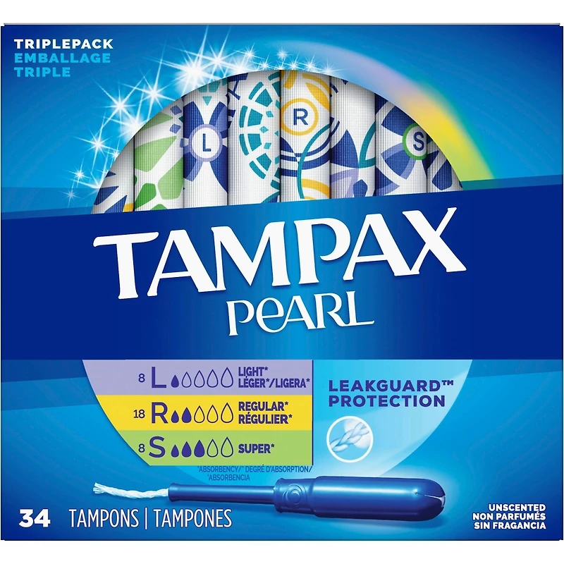 Tampons Tampax Pearl, tresse LeakGuard, applicateur en plastique sans BPA, emballage triple, absorption léger/régulier/super, np, 34 u