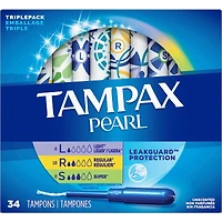 Tampons Tampax Pearl, tresse LeakGuard, applicateur en plastique sans BPA, emballage triple, absorption léger/régulier/super, np, 34 u