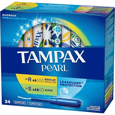 Tampax Pearl Tampons, Regular/Super Absorbency with LeakGuard Braid, Duo Pack, Unscented, 34 Count