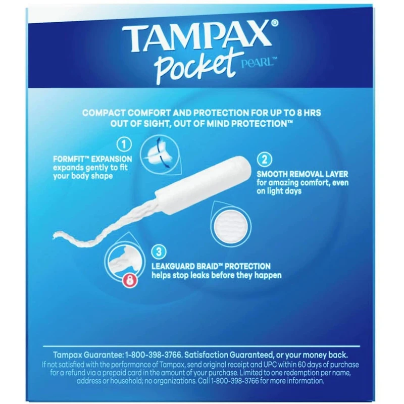 Tampons Pocket Pearl compacts avec tresse anti-fuites LeakGuard et applicateur en plastique sans BPA, régulier, non parfumé