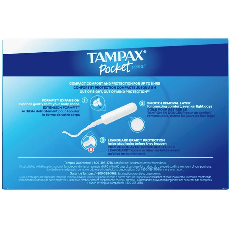 Tampons Pocket Pearl compacts avec tresse anti-fuites LeakGuard et applicateur en plastique sans BPA, régulier, non parfumés, 32 u