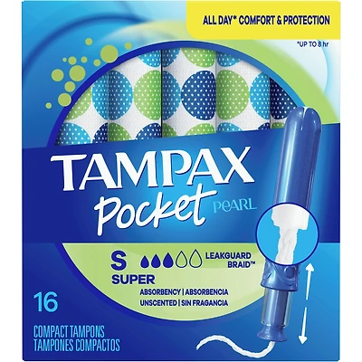 Pocket Pearl Tampons Super Absorbency with LeakGuard Braid, Unscented