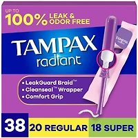 Tampons Radiant avec tresse anti-fuites LeakGuard, degré d’absorption régulier/super, emballage duo, non parfumés
