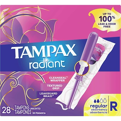 Tampax Radiant Tampons Regular Absorbency with BPA-Free Plastic Applicator and LeakGuard Braid, Unscented, 28 Count