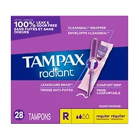 Radiant Tampons Regular Absorbency with BPA-Free Plastic Applicator and LeakGuard Braid, Unscented, 28 Count