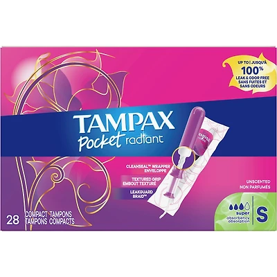 Pocket Radiant Compact Plastic Tampons, With LeakGuard Braid, Super Absorbency, Unscented