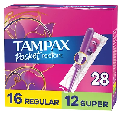 Pocket Radiant Compact Plastic Tampons, With LeakGuard Braid, Duo Pack Regular/Super Absorbency, Unscented