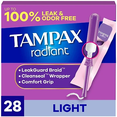 Radiant Tampons Light Absorbency with BPA-Free Plastic Applicator and LeakGuard Braid, Unscented