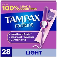 Radiant Tampons Light Absorbency with BPA-Free Plastic Applicator and LeakGuard Braid, Unscented