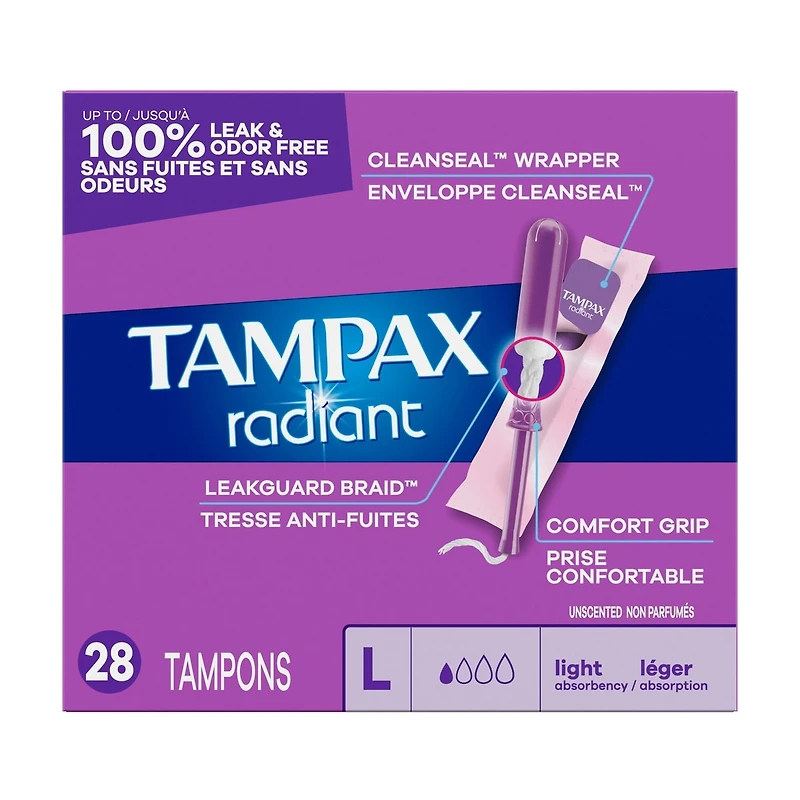 Radiant Tampons Light Absorbency with BPA-Free Plastic Applicator and LeakGuard Braid, Unscented