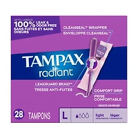 Radiant Tampons Light Absorbency with BPA-Free Plastic Applicator and LeakGuard Braid, Unscented
