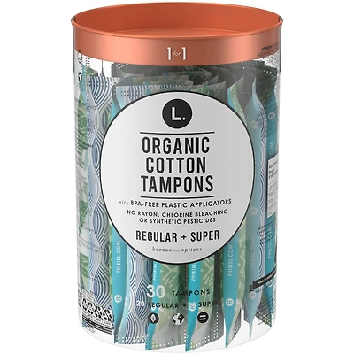 L. Organic Cotton Compact Tampons Regular/Super Absorbency Duo Pack, Free of Chlorine Bleaching, Pesticides, Fragrances, or Dyes, BPA-free Plastic Applicator, 30 Count