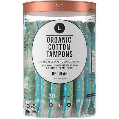 L. Organic Cotton Tampons Regular Absorbency, Free of Chlorine Bleaching, Pesticides, Fragrances, or Dyes, BPA-free Plastic Applicator, 30 Count