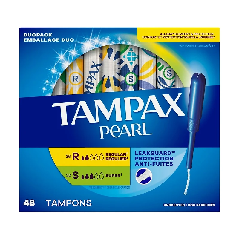 Tampons Pearl avec tresse anti-fuites LeakGuard, degré d’absorption régulier/super, paquets multiples, non parfumés,