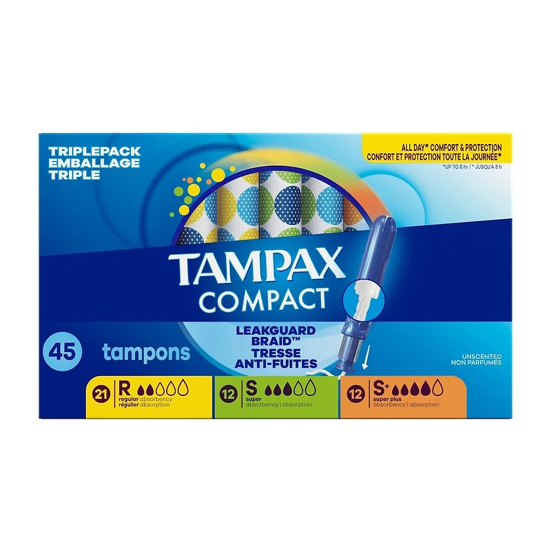 Tampons Pearl compacts, avec tresse anti-fuites LeakGuard et applicateur extensible, applicateur extensible compact, emballage multiple, degrés d’absorption régulier/super/super plus