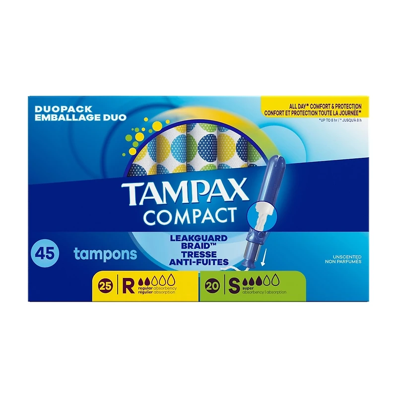 Tampons Pearl compacts, avec tresse anti-fuites LeakGuard et applicateur extensible, applicateur extensible compact, degrés d’absorption régulier/super, emballage multiple, non parfumés