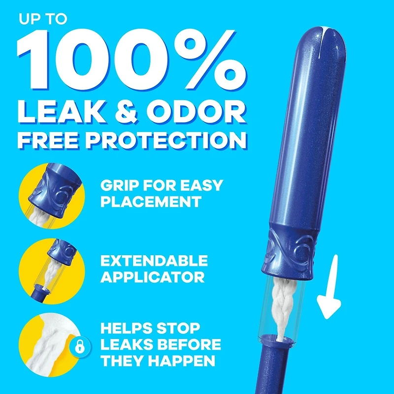 Tampons Pearl compacts, avec tresse anti-fuites LeakGuard et applicateur extensible, applicateur extensible compact, degrés d’absorption régulier/super, emballage multiple, non parfumés