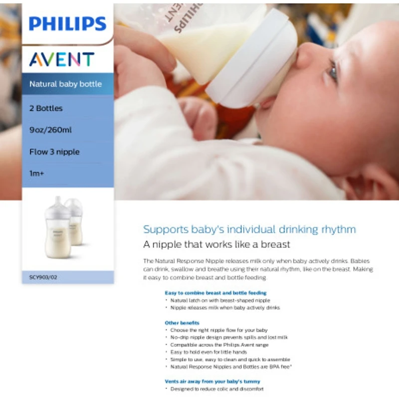 Biberon naturel Philips Avent avec tétine Natural Response, transparent, 9oz, 2pk, SCY903/02