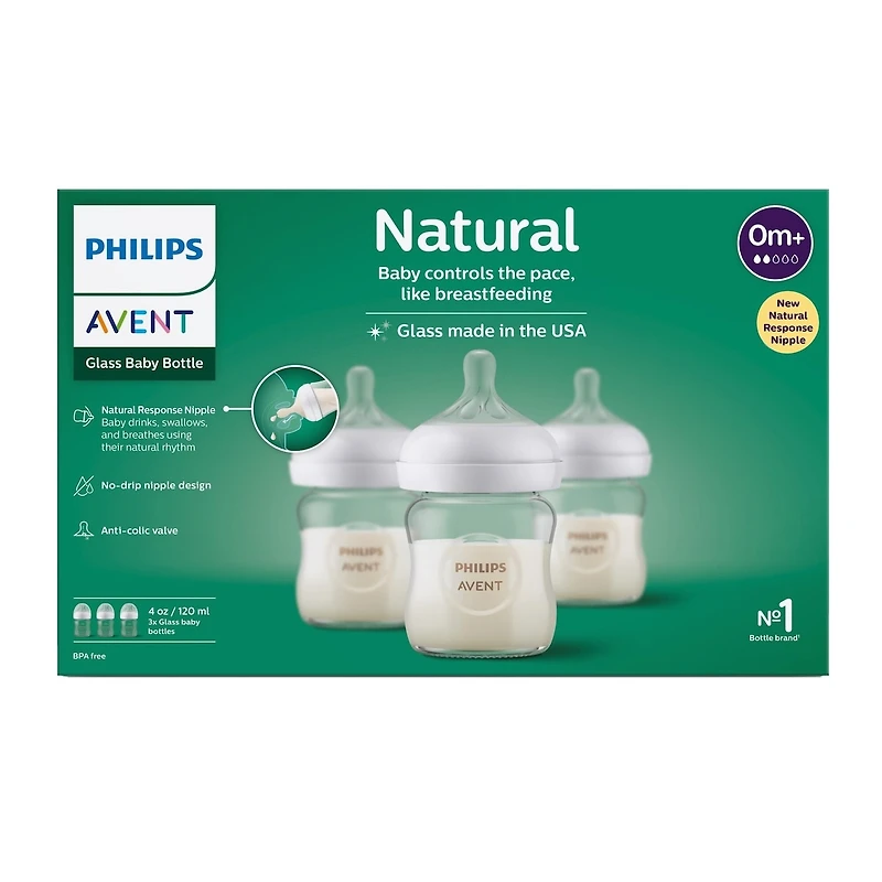 Biberon en Verre Natural Philips Avent avec Tétine Natural Response, 4oz, 3pk