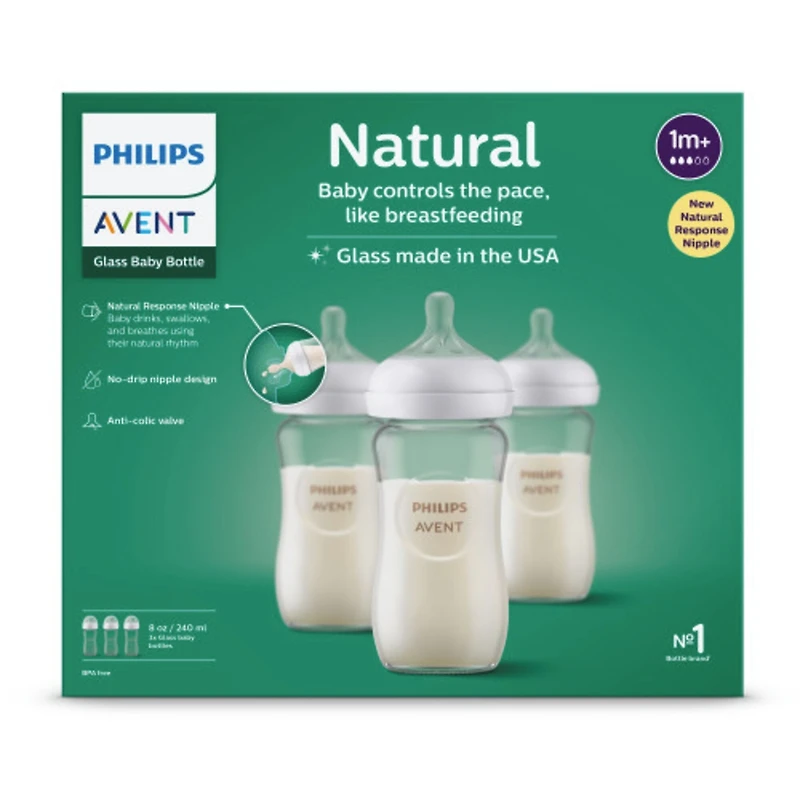 Biberon en verre naturel Philips Avent avec tétine Natural Response, 3pk, SCY913/03