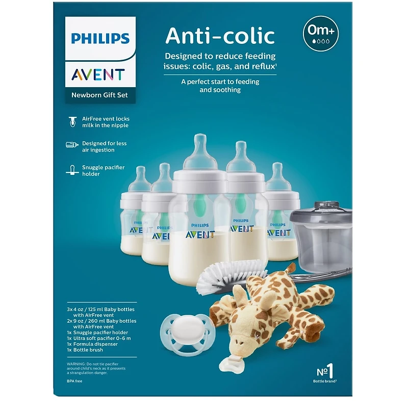 Biberon anti-colique Philips Avent avec évent AirFree Set cadeau nouveau-né avec Snuggle