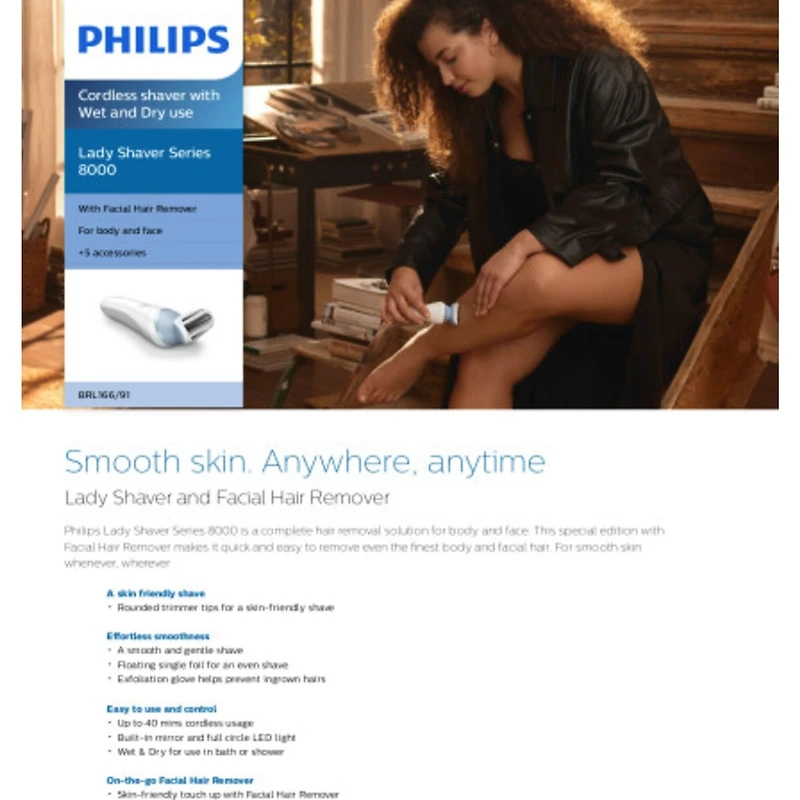 Rasoir pour femmes série 8000 de Philips avec épilateur pour les poils du visage, utilisation avec ou sans fil pour usage humide et sec, 5 accessoires, BRL166/91