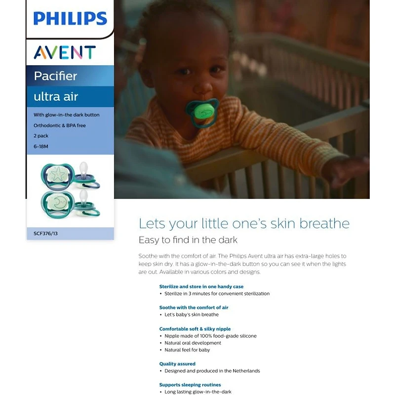 Suce ultra-aérée Philips Avent pour bébés de 6 à 18 mois, motifs étoile et lune, SCF376/13