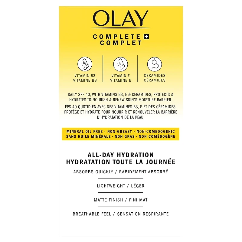 Hydratant quotidien pour le visage Complet+ avec écran solaire, FPS 40, sans parfum, 6 oz liq., écran solaire à large spectre pour peau sensible
