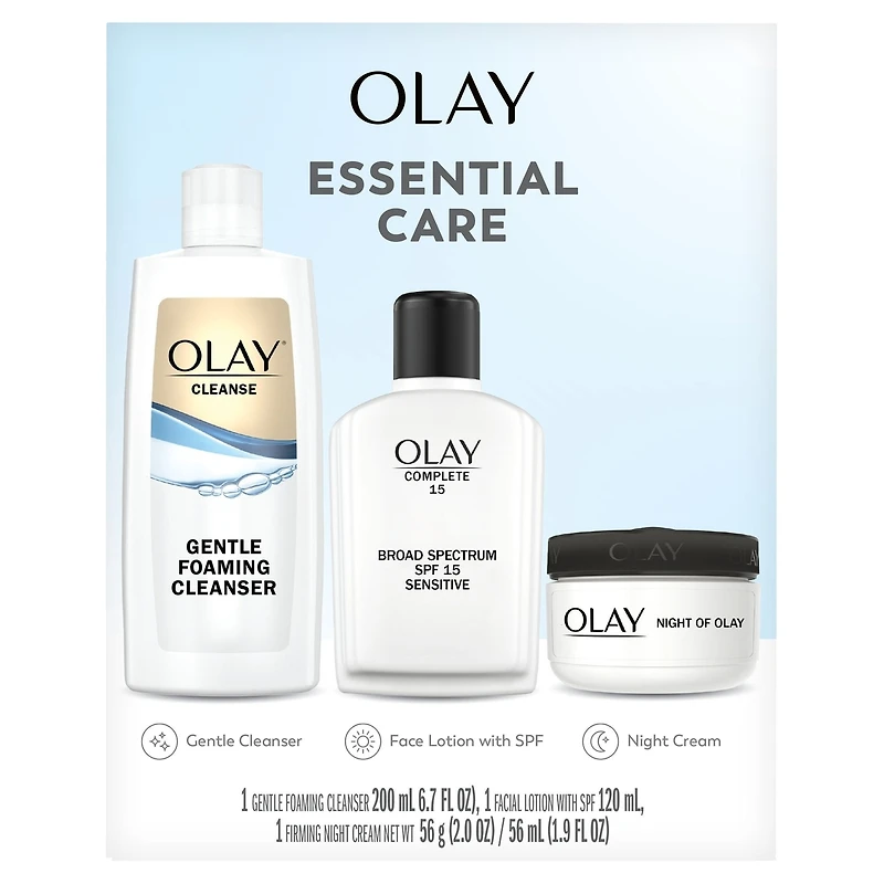 Essential Care Kit, Skincare Gift Set, 3pc, Face Cleanser, Face Lotion with SPF, Night Cream