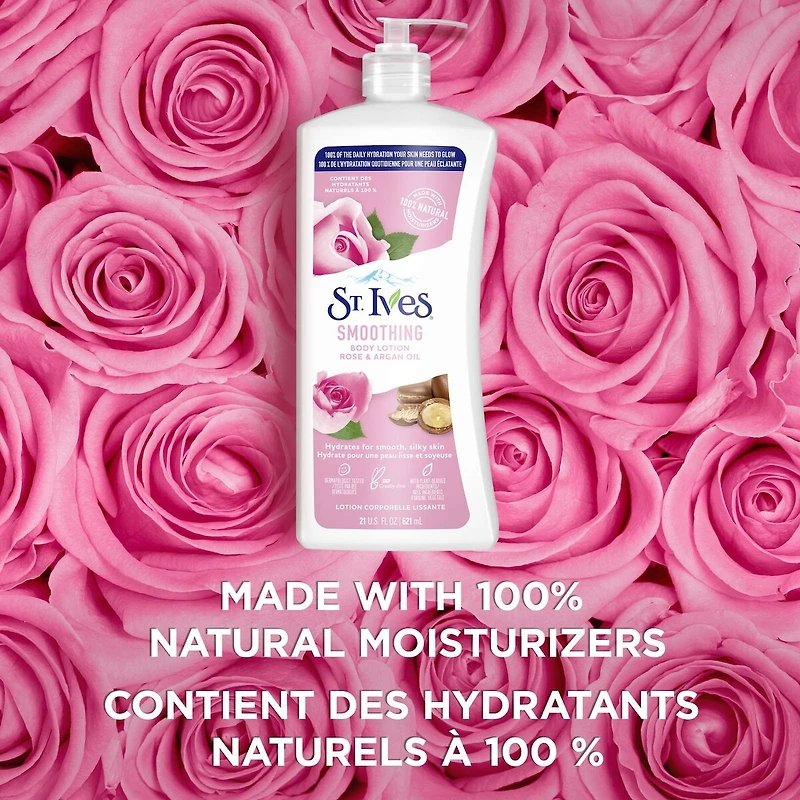 St. Ives  Smoothing Body Lotion hydrates for smooth, silky skin Rose & Argan Oil made with 100% natural moisturizers 621 mL