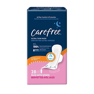 CAREFREE® Ultra Thin Pads, Overnight With Wings, 28ct