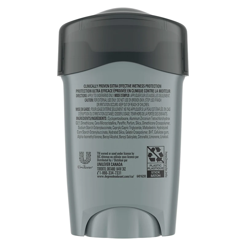 Bâton Antisudorifique pour contrôler la transpiration Degree Men Clinical+ Propre protection antibactérienne contre les odeurs 48 g